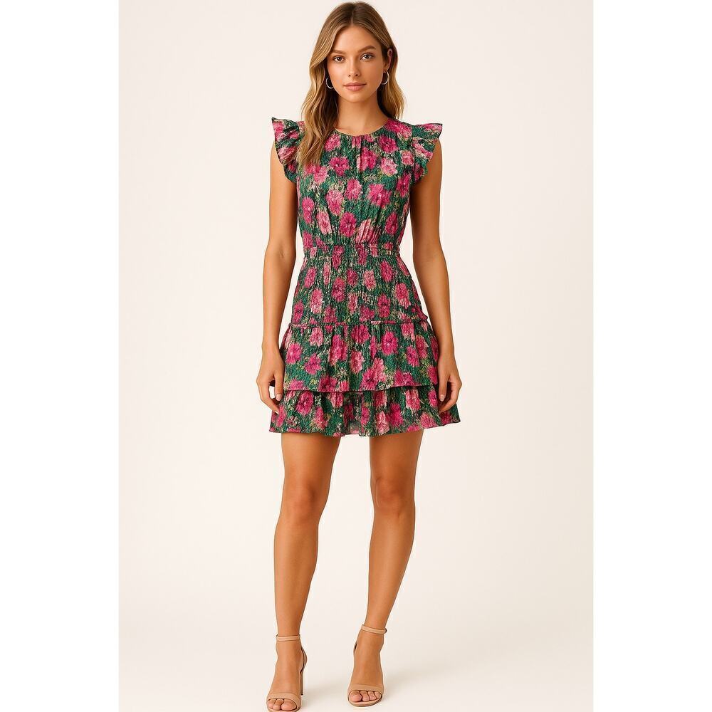 TCEC Pink Green Floral Ruffle Tiered Mini Dress Size L